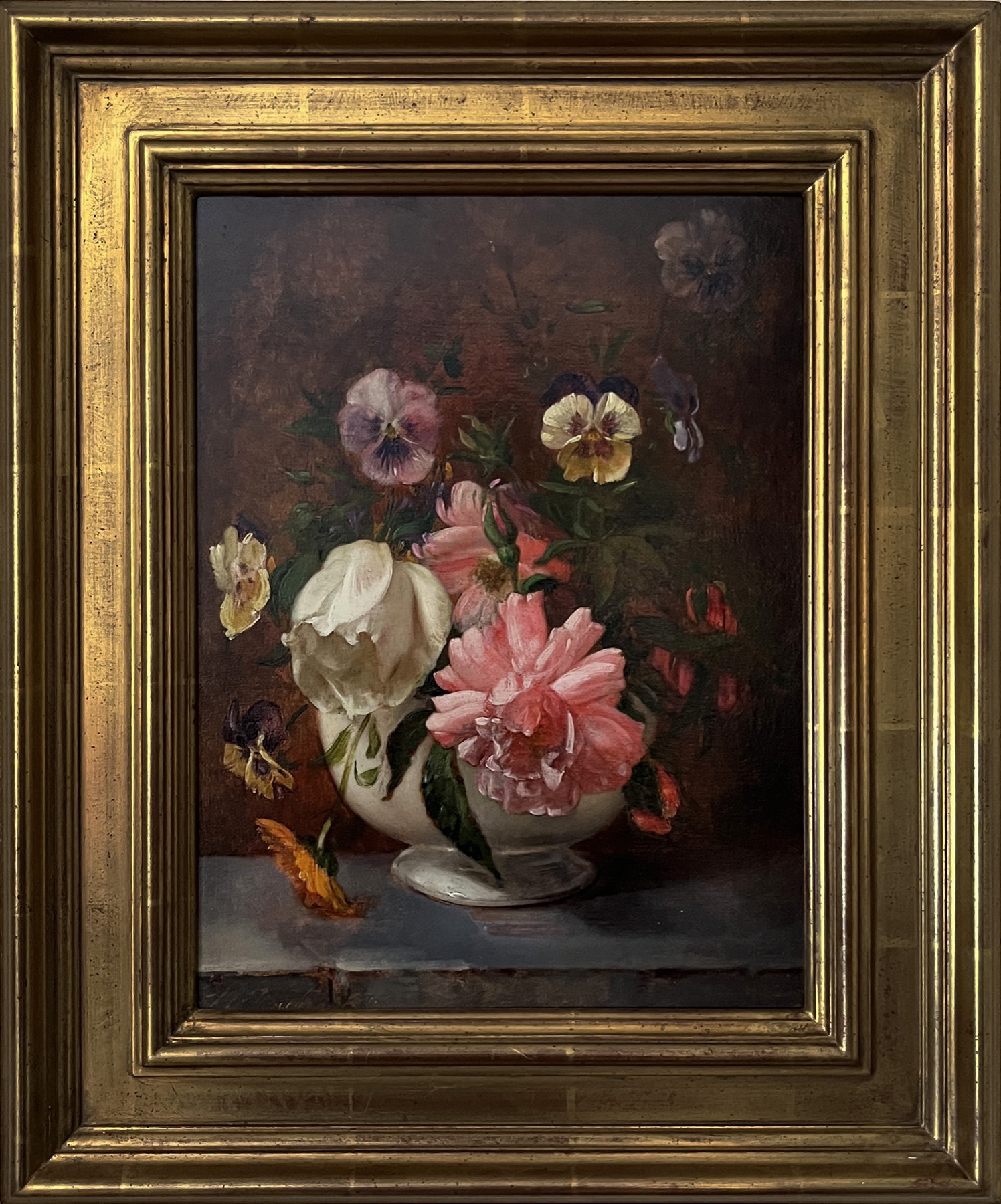 Gold-framed still life of pansies and a peony in a white vase