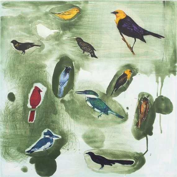 Print of songbirds set against a soft green wash
