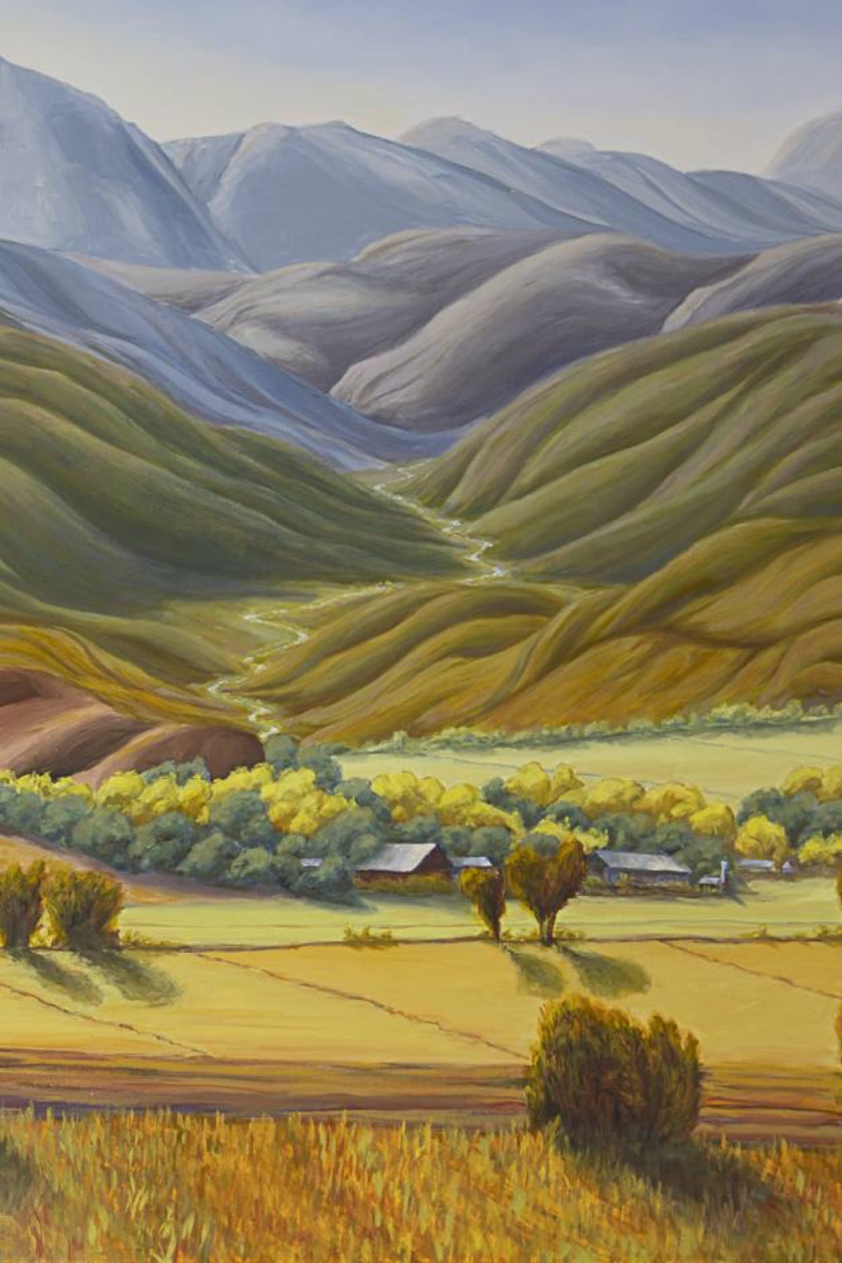 Detail of the Colorado valley oil painting, showing the blue mountains, green hills, and a farmstead in the golden valley