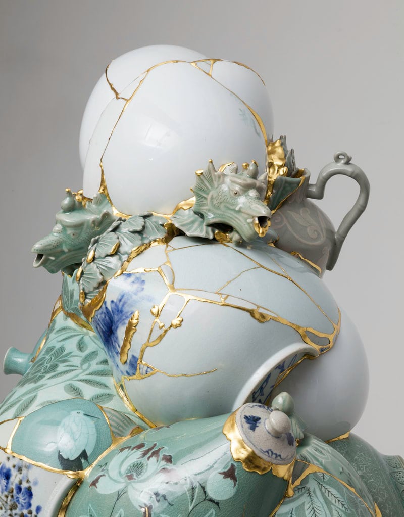 Detail of Yeesookyung's Translated Vase: porcelain fragments, blue-and-white glaze, and 24-karat gold joins