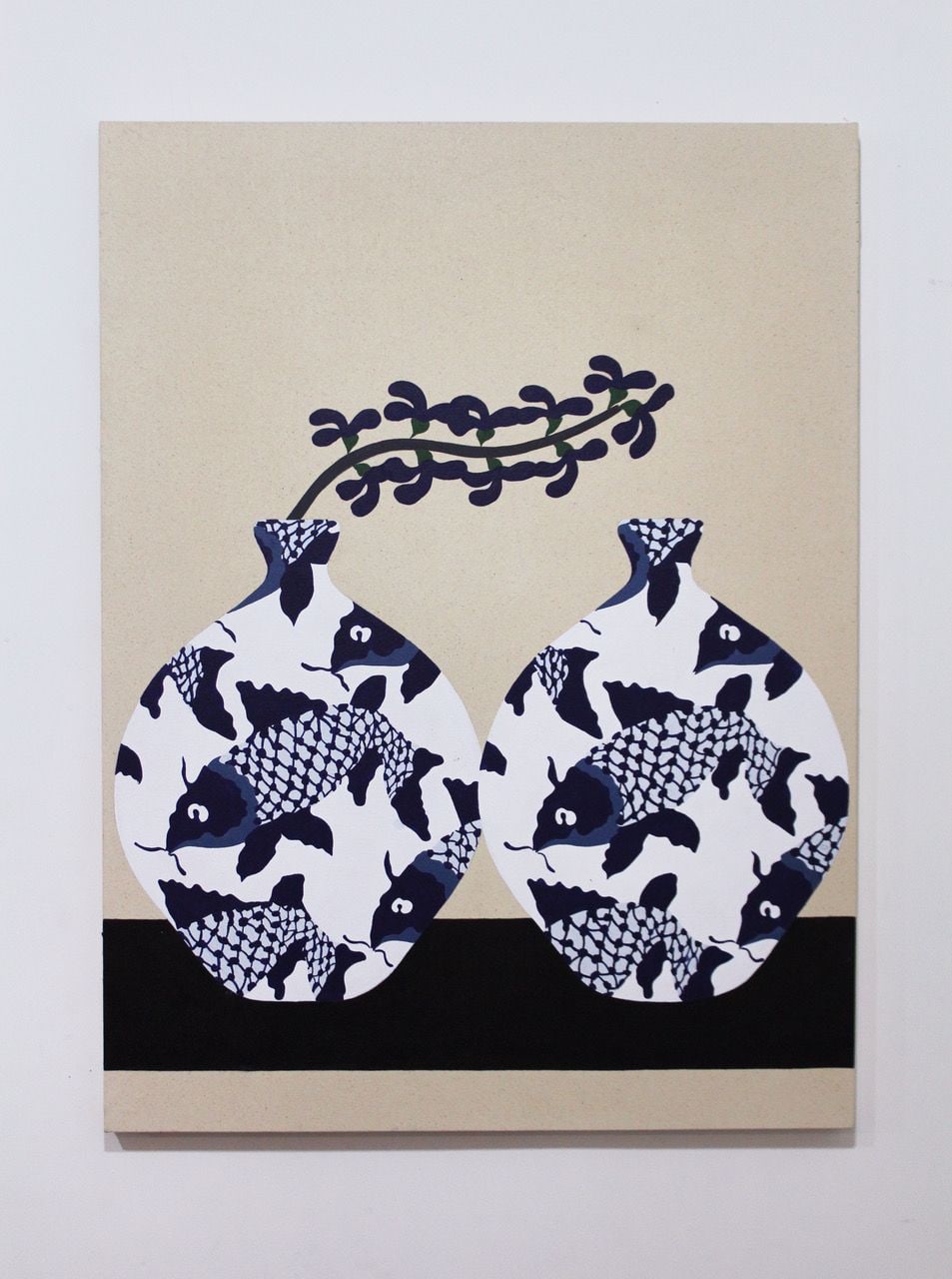 Painting of two blue-and-white koi-patterned vases with a sprig of leaves, on raw canvas above a black band
